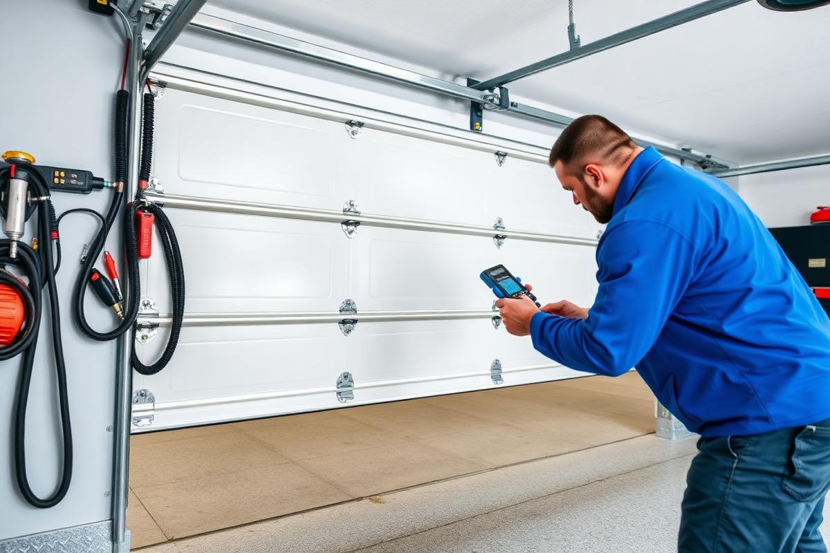 Garage door technician performing balance adjustment on residential garage door springs in Montesano