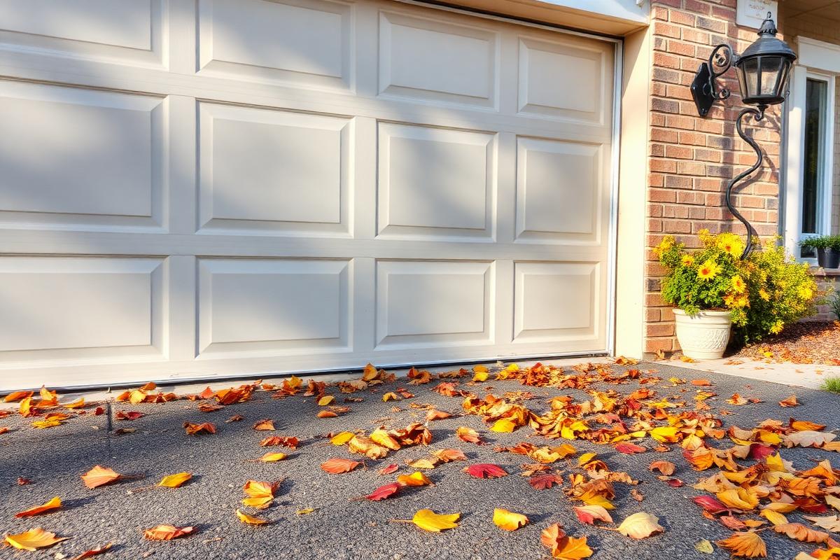 Homeowner inspecting garage door weather seals during fall season maintenance in Western Washington